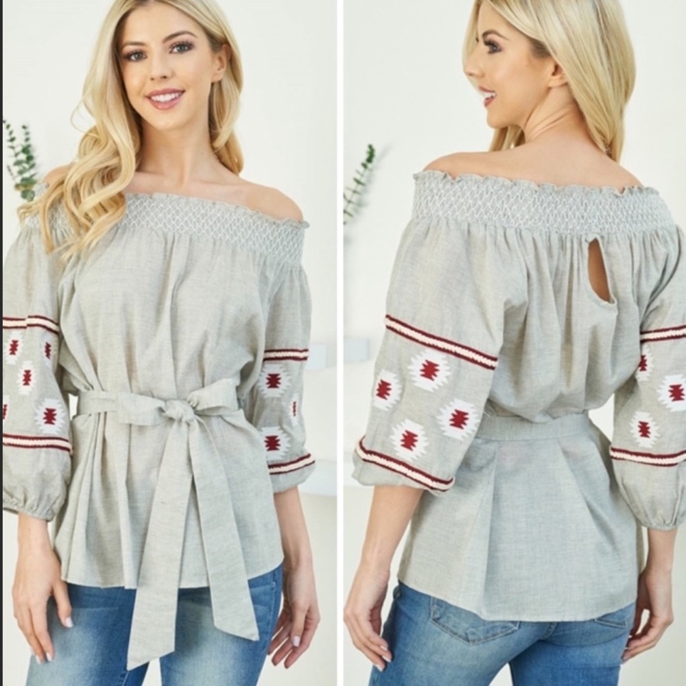 Ryu Off Shoulder Tribal Print Embroidery Top With Balloon Sleeves.